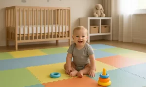 Bebê brincando em berçário moderno com piso vinílico Baby Piso colorido e acolchoado, ambiente iluminado e seguro instalado pela R. Neto Decorações.”