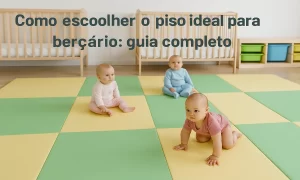 Três bebês brincando em berçário iluminado com piso vinílico acolchoado nas cores verde e amarelo, ambiente seguro e moderno instalado pela R. Neto Decorações.”